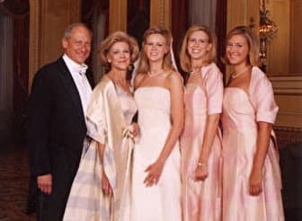 Bride with her family and bridesmaids in pink